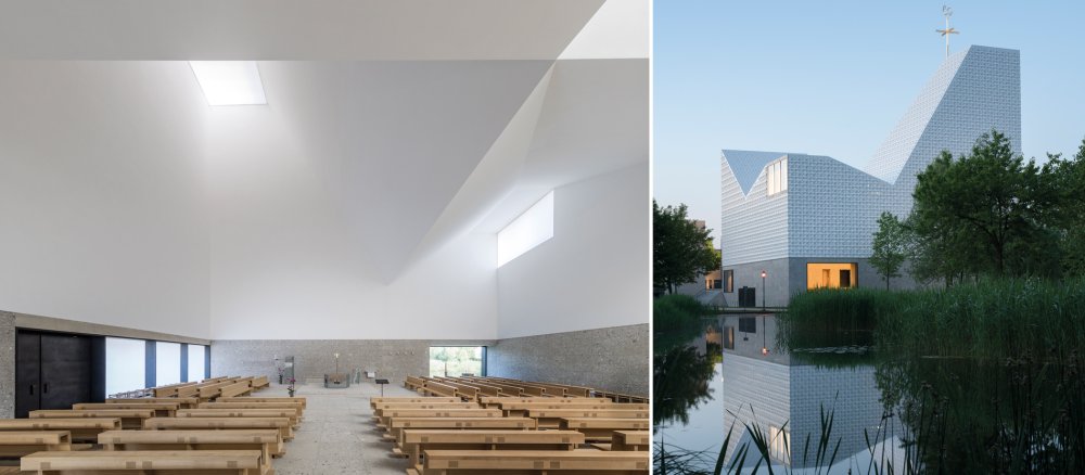 Blick ins schlichte Innere des Kirchenzentrums Poing