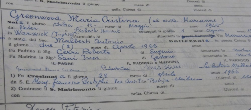 Das italienisch-sprachige Taufregister mit dem Namen Maria Christina Greenwood.