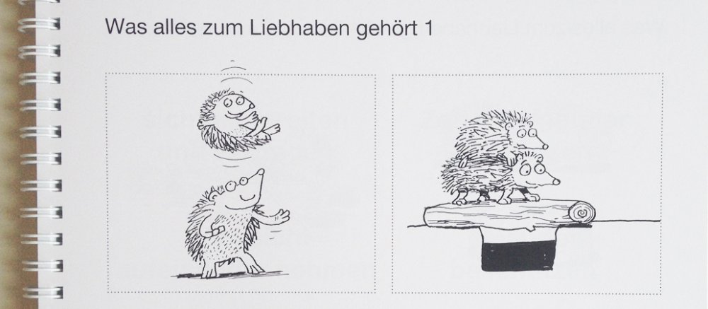 Abbildungen eines Igelpärchens in verschiedenen Situationen.