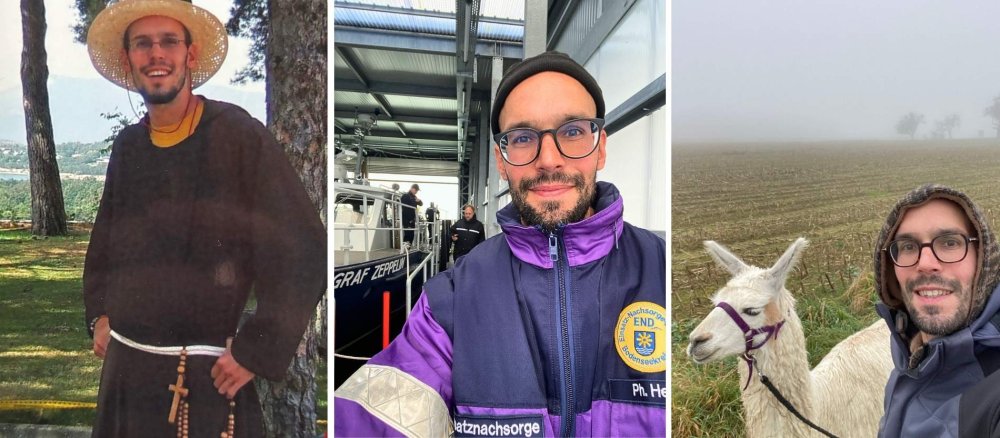 Vom Ordensmann (l.) zur Alpakafarm (r.) – heute engagiert sich der 41-jährige Schwabe unter anderem in der Notfallseelsorge (m).