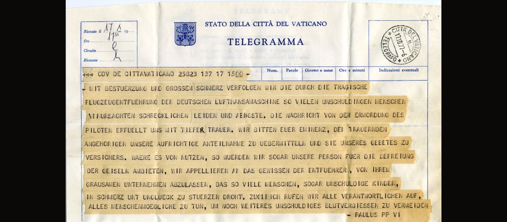 Ein Foto des Papst-Telegramms von 1977 zur Landshut-Entführung.